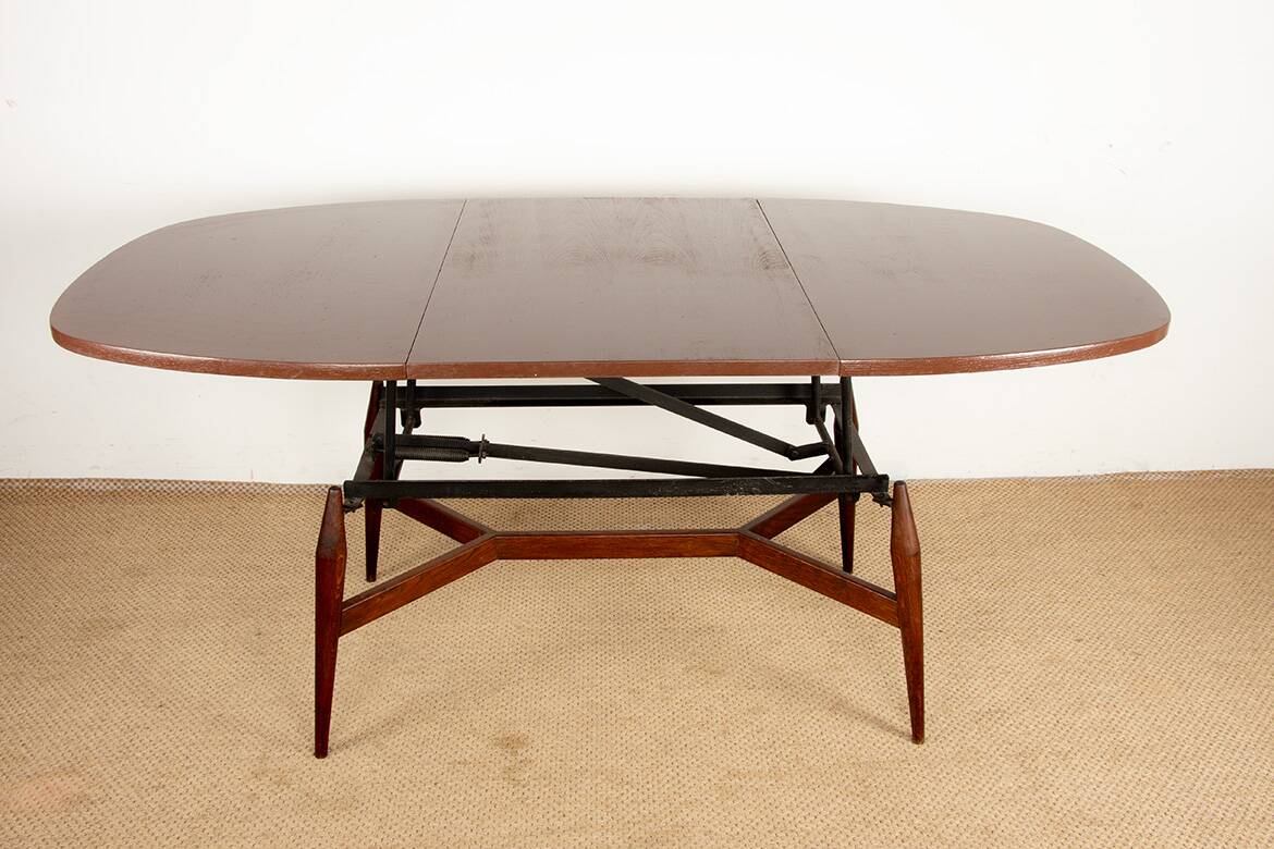 Danish high and low table in teak and brown lacquered wood, Smørrebrø model