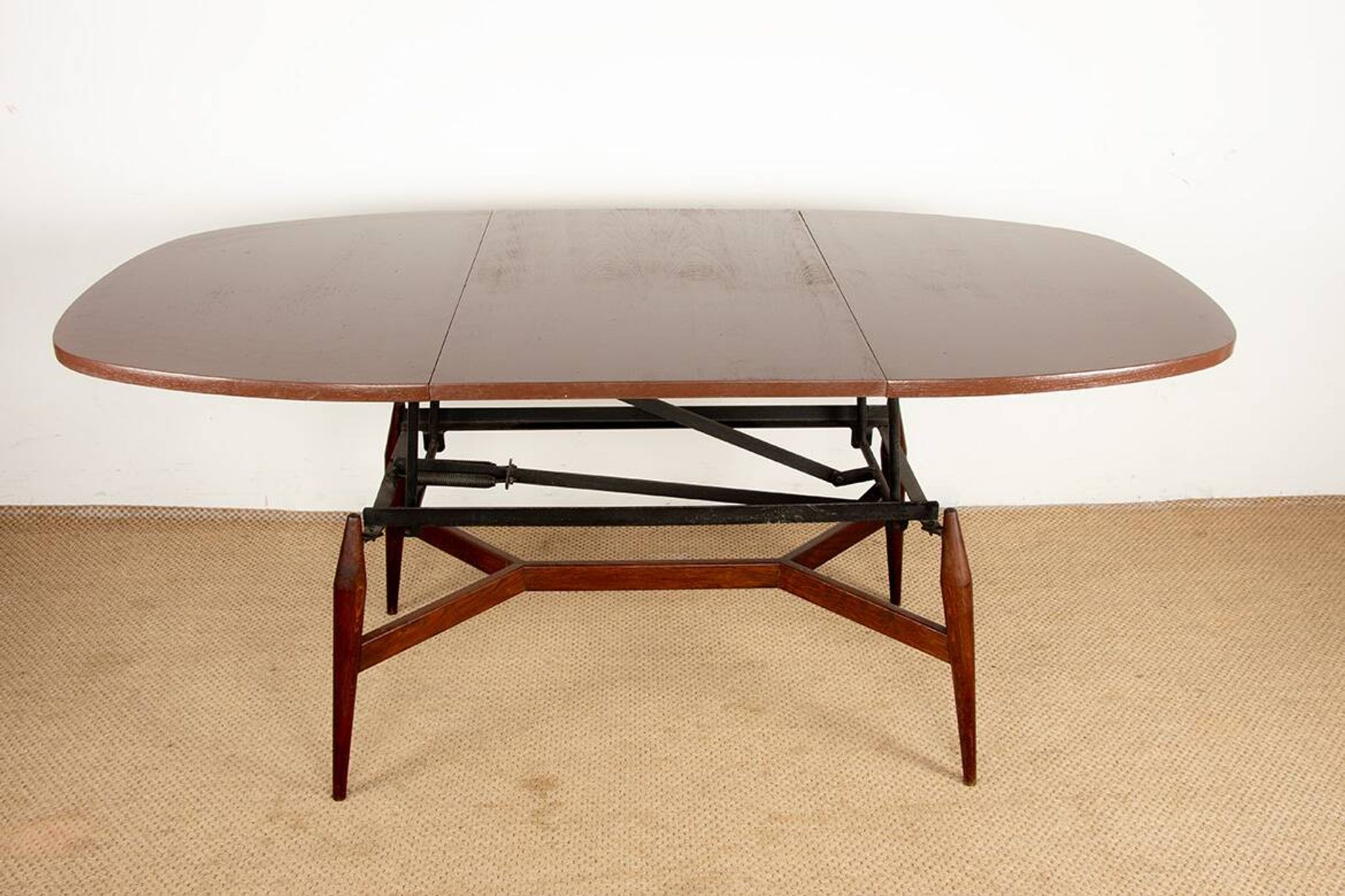 Danish high and low table in teak and brown lacquered wood, Smørrebrø model