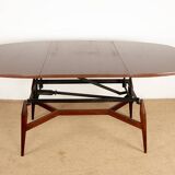 Danish high and low table in teak and brown lacquered wood, Smørrebrø model