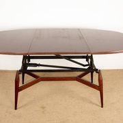 Danish high and low table in teak and brown lacquered wood, Smørrebrø model
