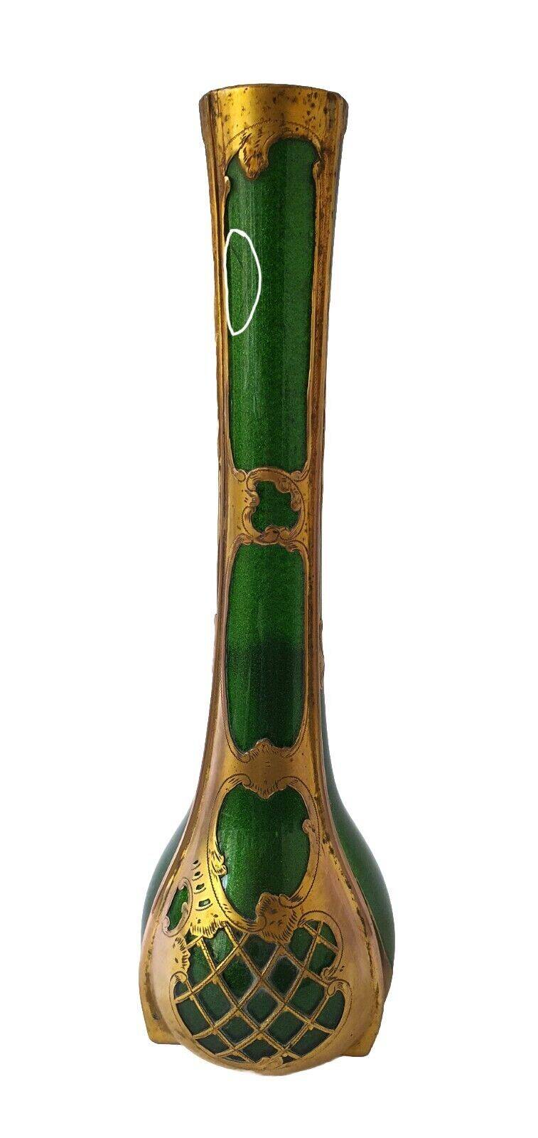 Soliflore vase legras imperial green copper decors enhanced with gold unsigned