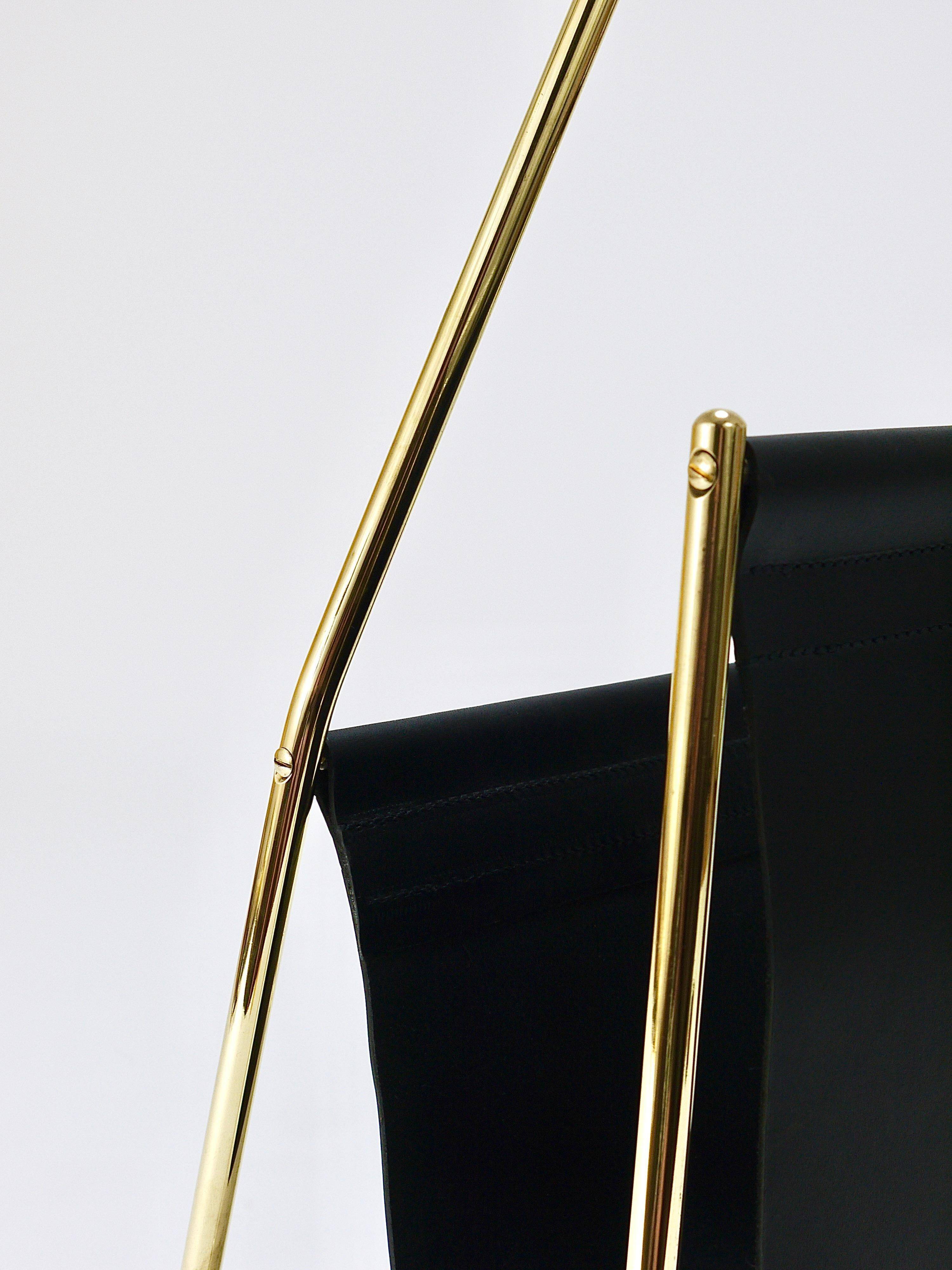 Carl Auböck II Midcentury magazine rack, brass and black leather, vintage, Austria