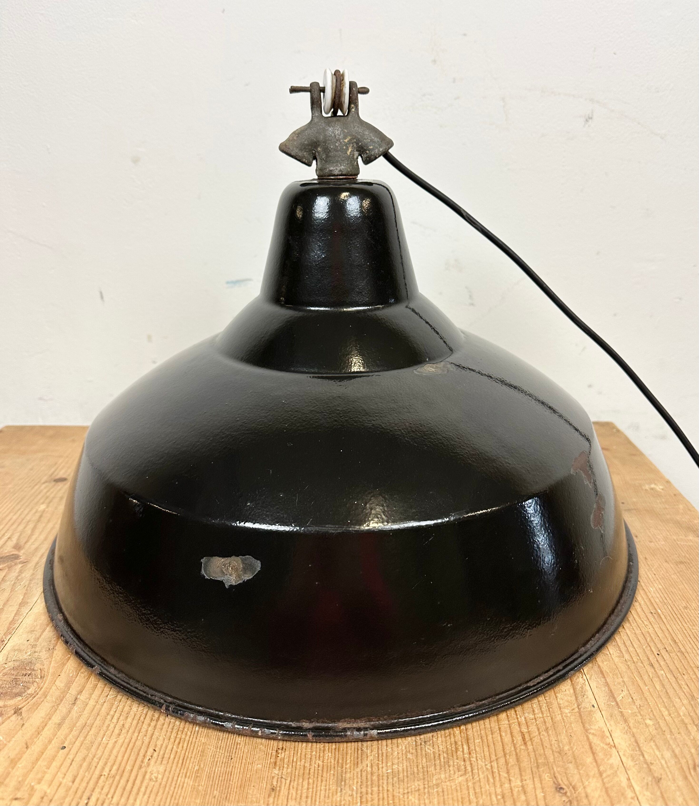 Industrial Black Enamel Factory Lamp with Cast Iron Top, 1950s
