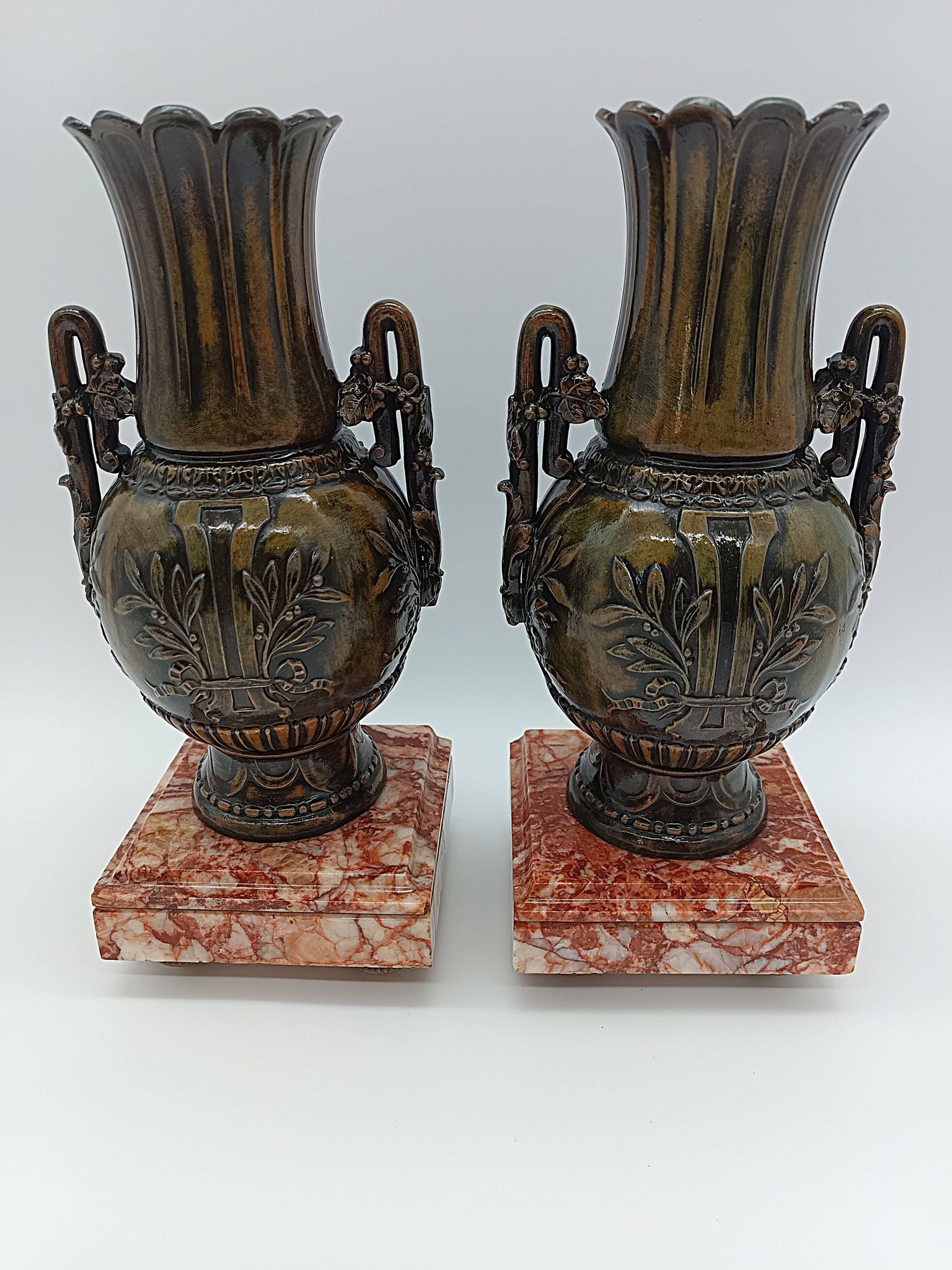 Pair of Antique Cassolettes Vases Louis XVI Style Regule & Red Marble 19