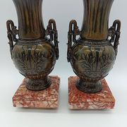 Pair of Antique Cassolettes Vases Louis XVI Style Regule & Red Marble 19