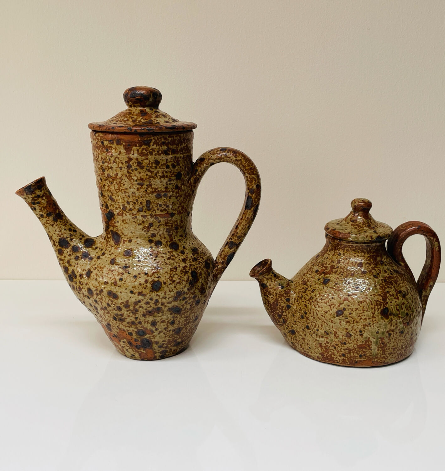 Pair of vintage brutalist ceramic teapots from the 1970s.