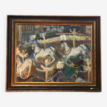 Tableau Huile sur Toile Fauvisme Cirque Cheval Danseuse Circa 1960