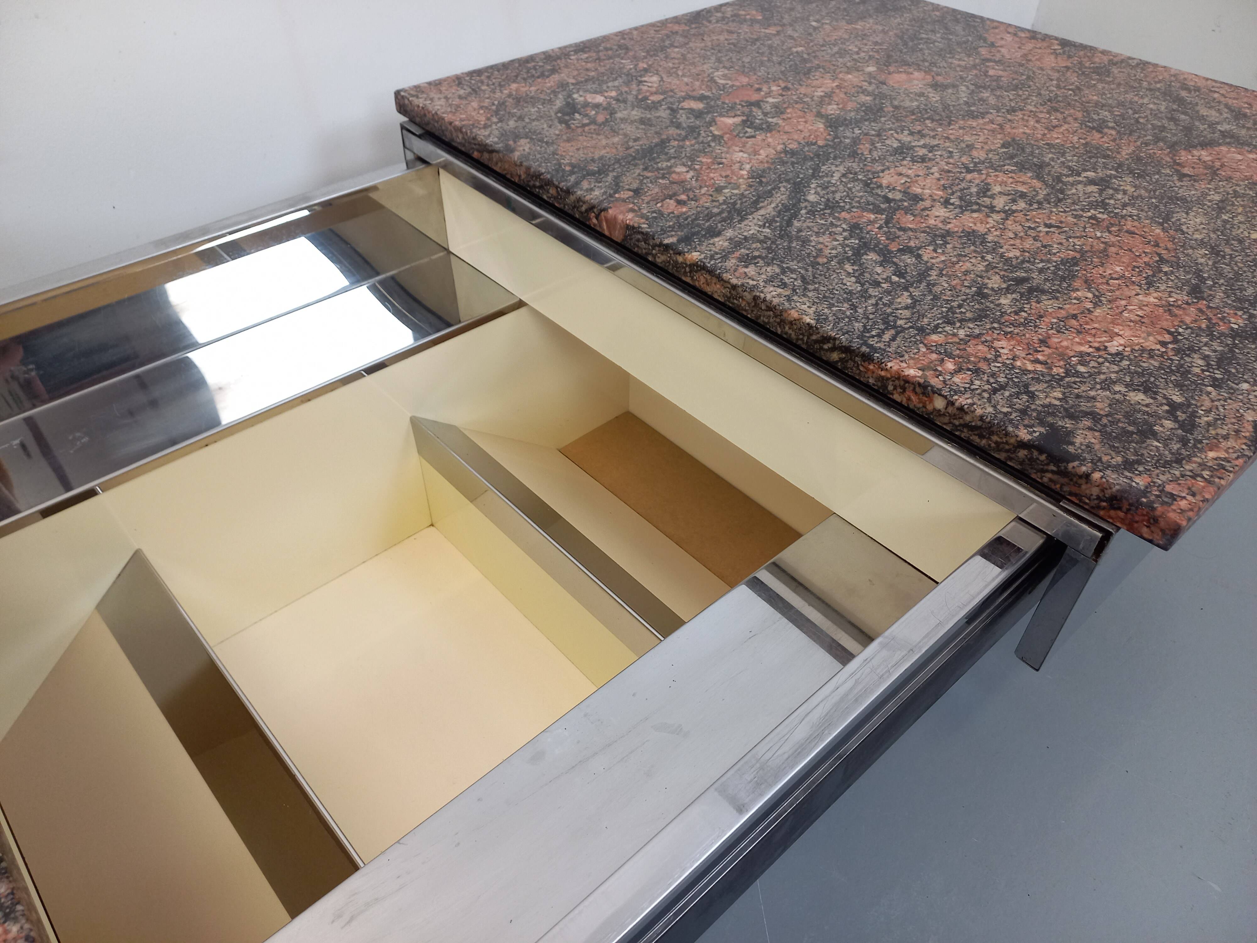 Vintage granite, chrome metal and black melamine coffee table with bar