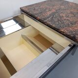 Vintage granite, chrome metal and black melamine coffee table with bar