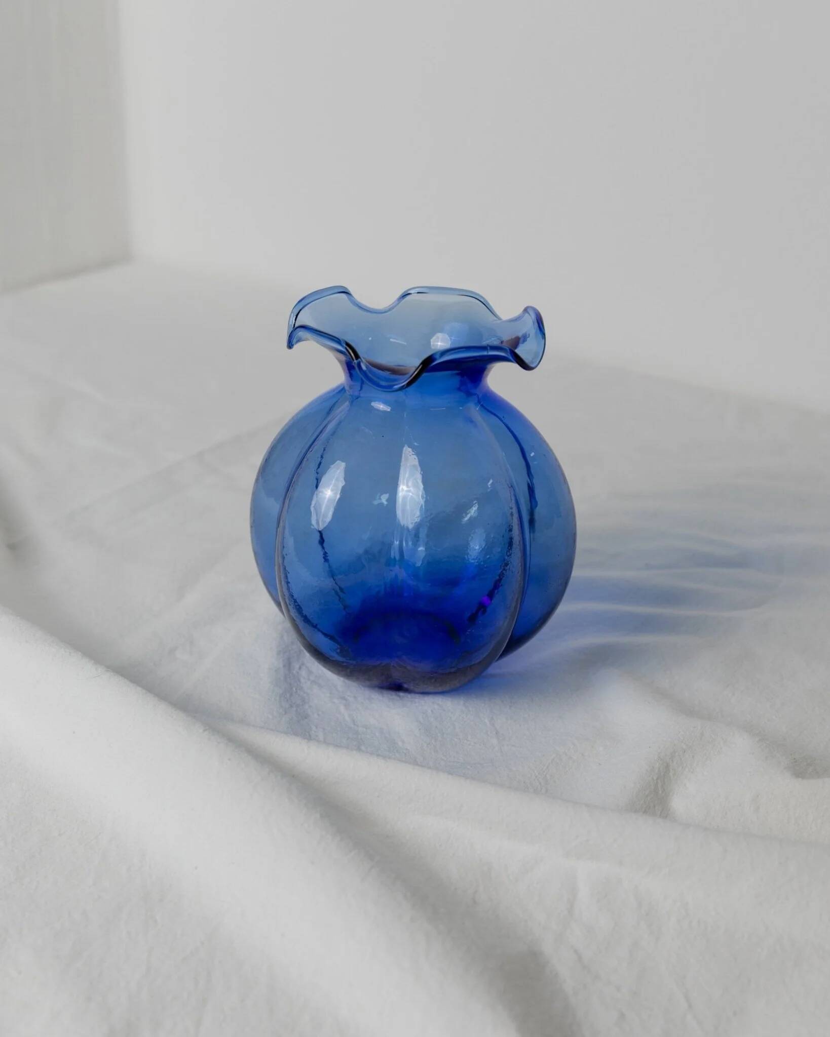 Cobalt Blue Hazel Atlas Glass Vase, 1930s Bulbous Form with Ruffled Lip and Embossed Underside