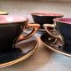 4 cups tea or coffee in the 1950s, color mugs, black and Golden NET