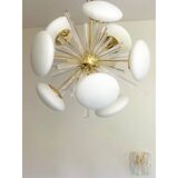 Contemporary Triedro and White Murano Glass Sputnik Gold Chandelier