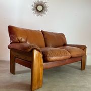 Old 2-seater leather and walnut sofa design 70s Mobil Girgi Mario Marenco vintage Italy