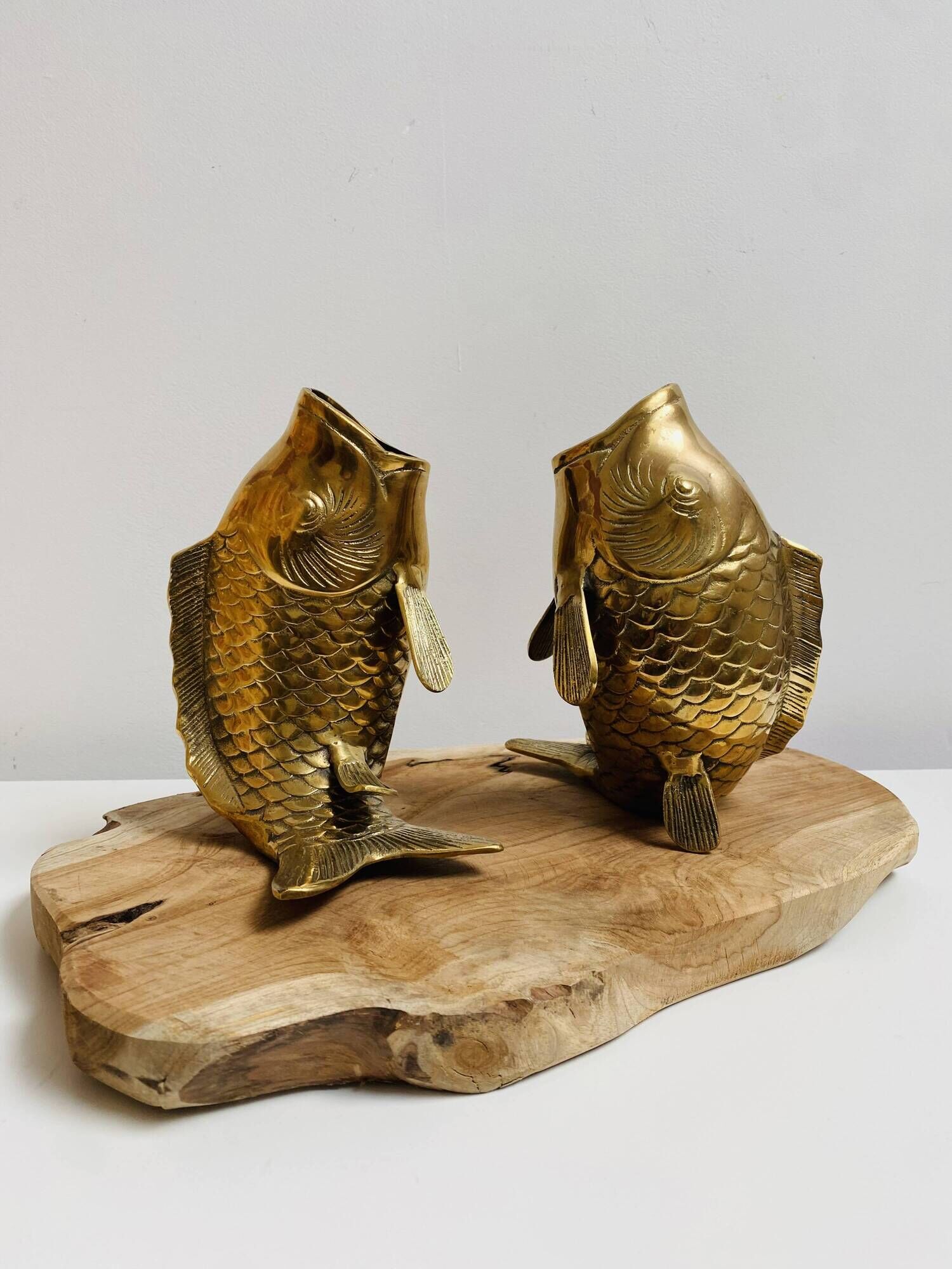 Pair of koi carp vases in brass, animal sculpture