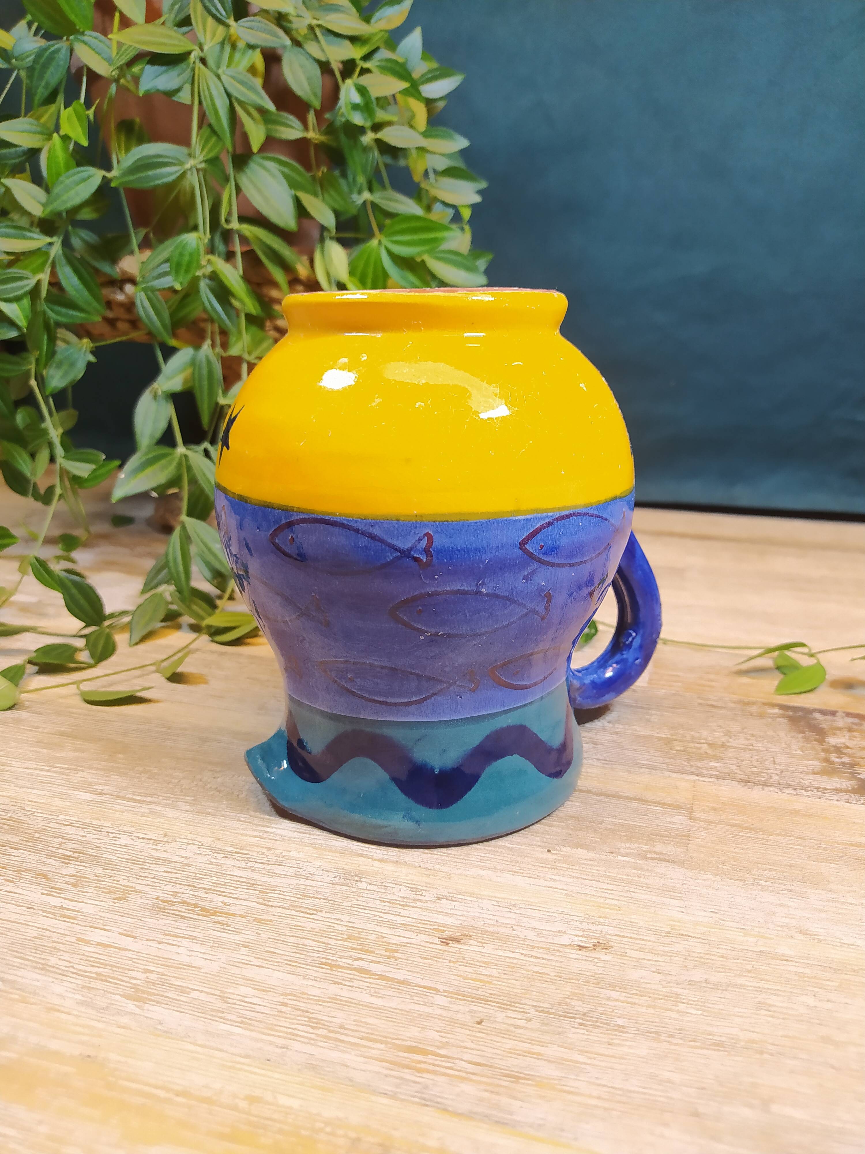 Carafe en Grès Bleu et Jaune à Motifs