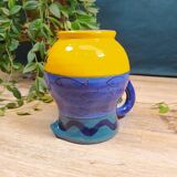 Carafe en Grès Bleu et Jaune à Motifs