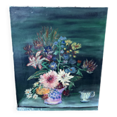 Tableau peinture originale bouquet de fleurs Lefranc vintage 1965