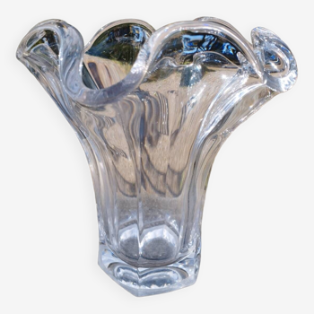 Crystal ruffled vase, signed