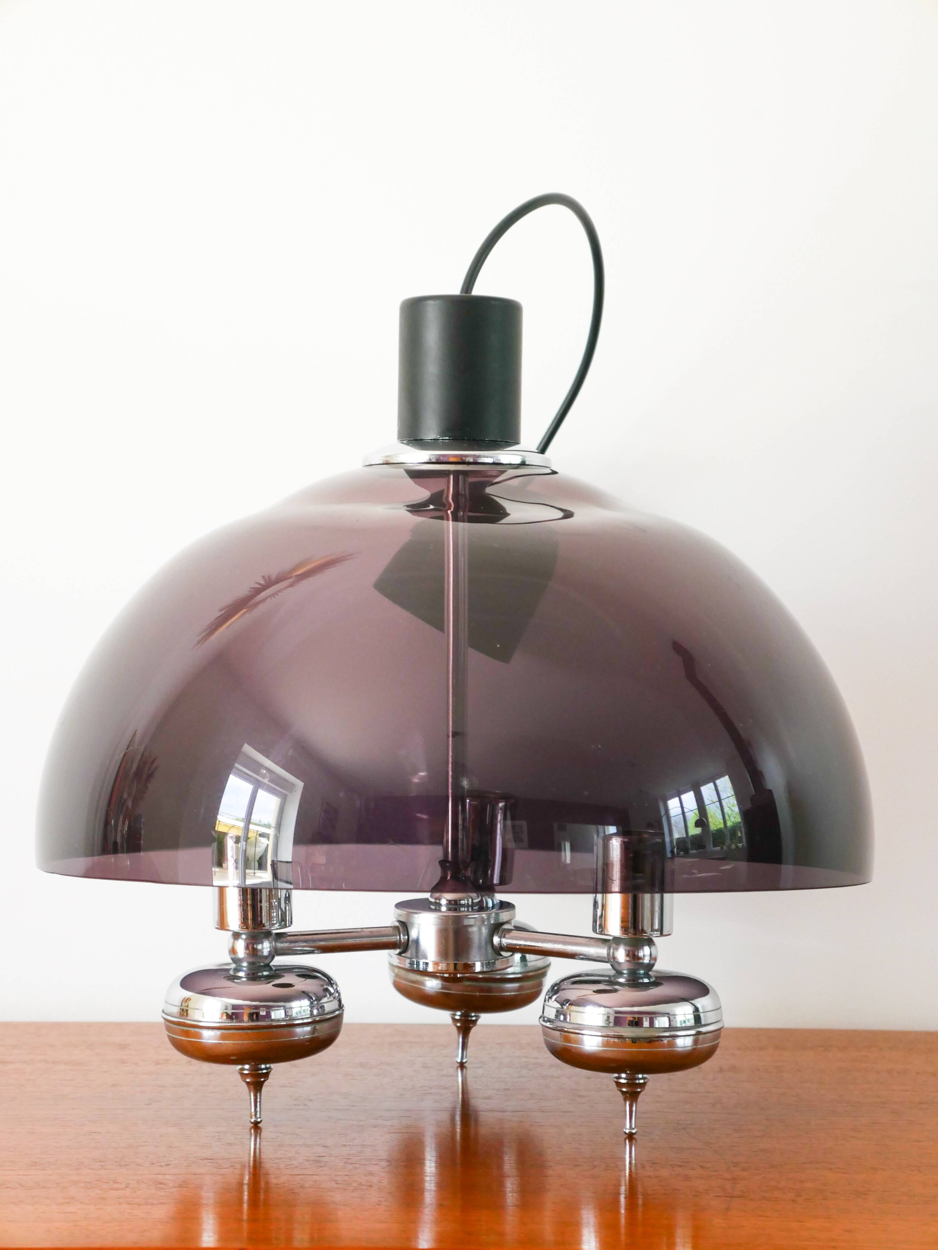 Three-branched chandelier in smoked plexi and chrome, Space Age, 1970