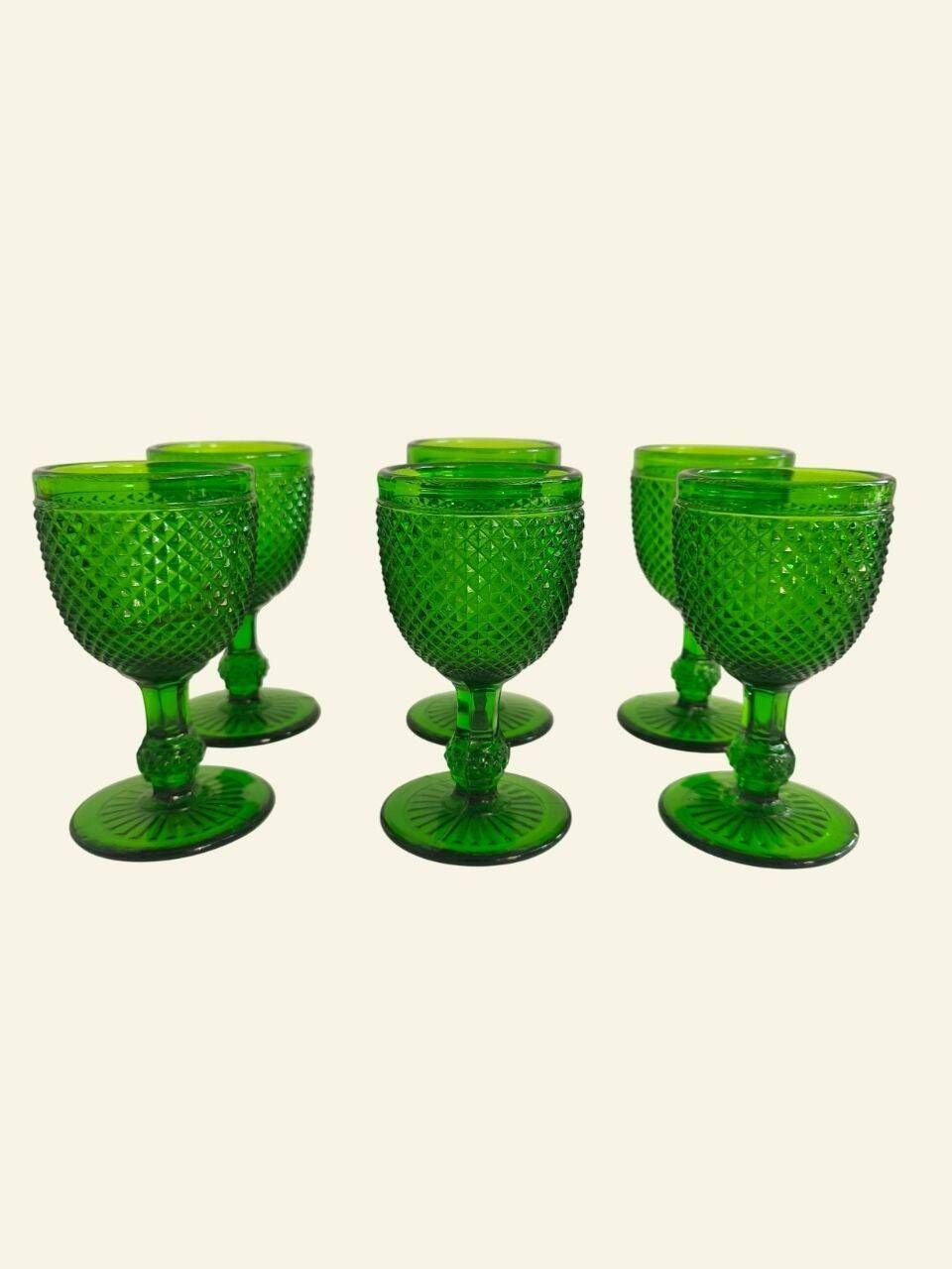 Six green glass wine glasses, Marinha Grande (IVIMA), diamond point.