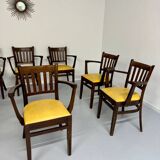 Lot de 8 anciennes chaises fauteuils de bistrot en bois et simili jaune 80’