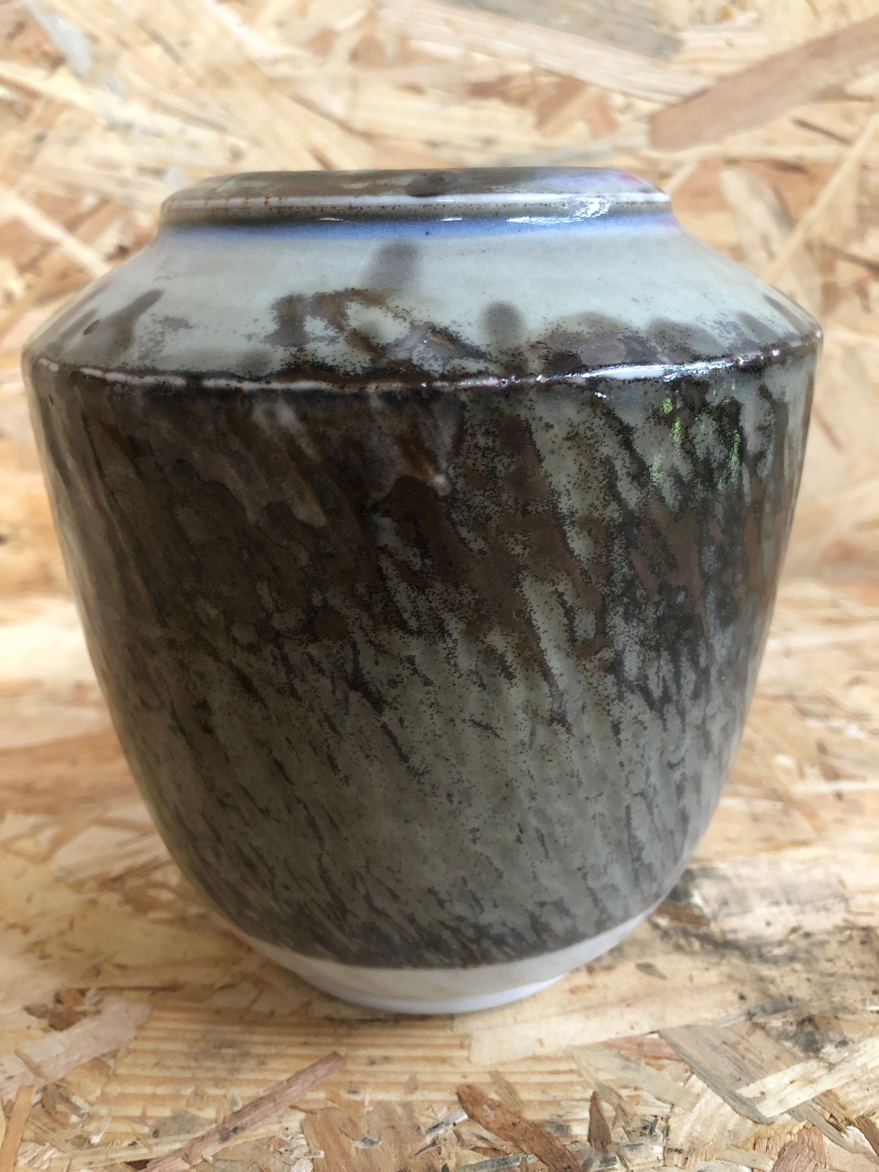 Old Ceramic Vase White Brown Grey 70s Signature Vintage