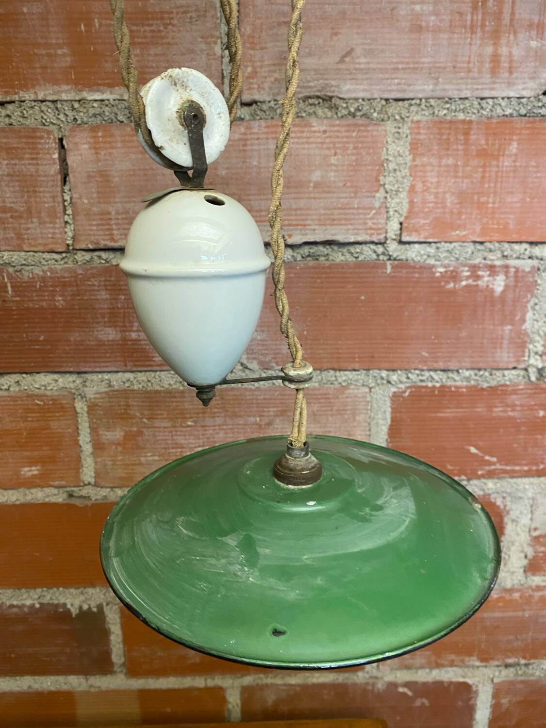Industrial pendant light, mounted and lowered, green metal + vintage porcelain