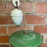 Industrial pendant light, mounted and lowered, green metal + vintage porcelain