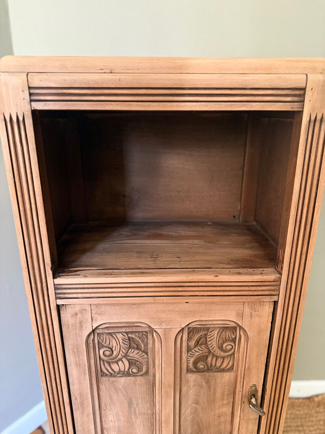 Small Art Deco jam cabinet in carved blonde oak