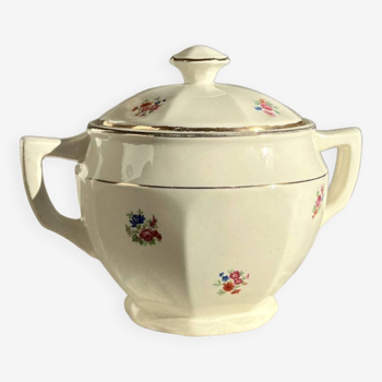 Sucrier vintage porcelaine opaque Sarreguemines double anses chapeau motif fleuri liseré doré