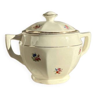 Sucrier vintage porcelaine opaque Sarreguemines double anses chapeau motif fleuri liseré doré