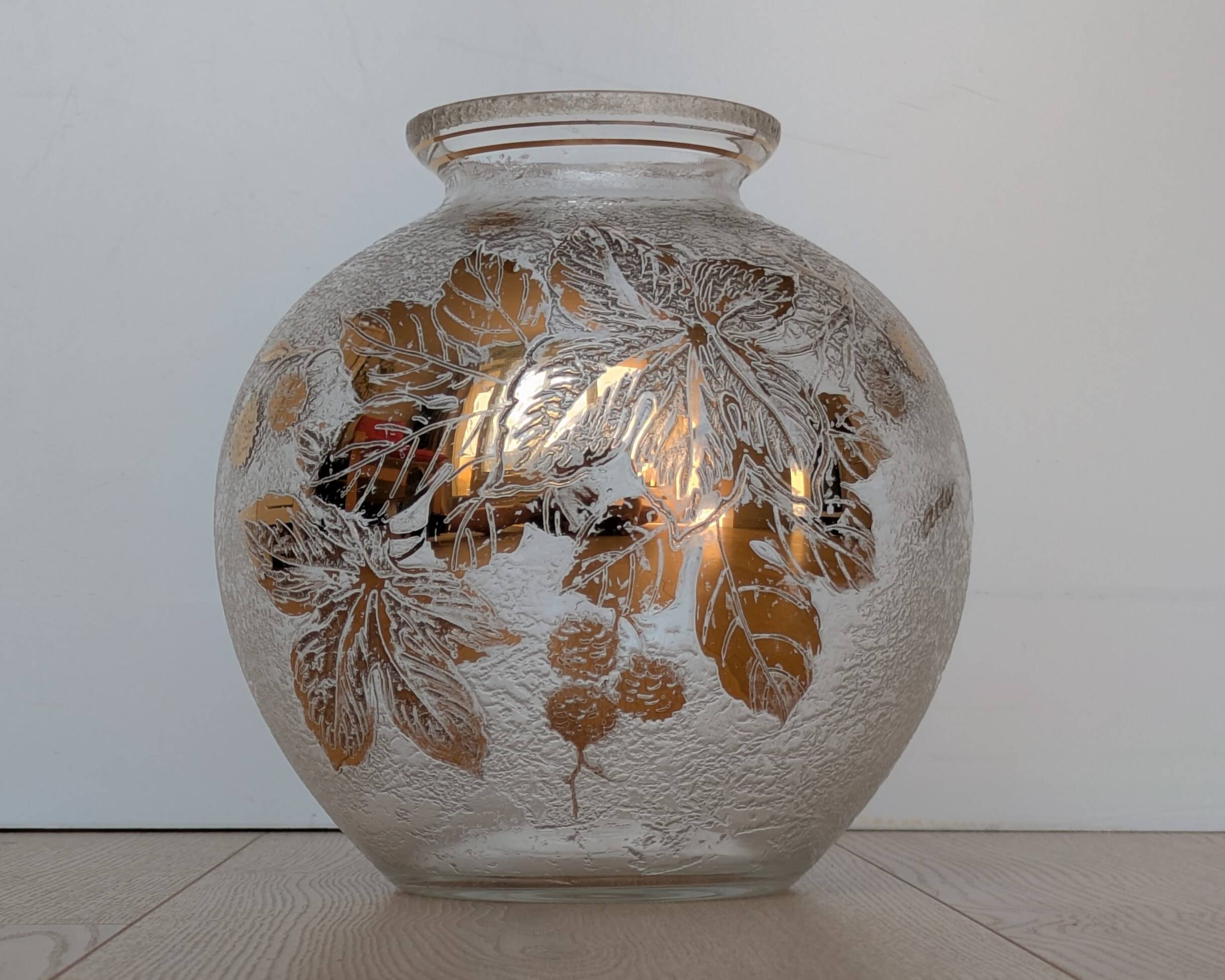 Frosted Glass Ball Vase with Golden Botanical Decoration — Signed Adat — Circa 1950
