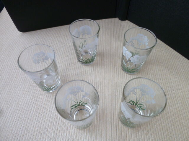 Set of 5 old glasses cups screen-printed décor signed SN Souchon Neuvesel