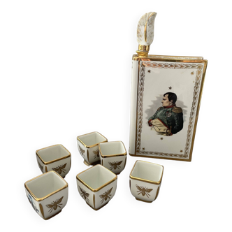 Service à cognac, Napoléon, porcelaine de Limoges, 6 verres, carafe, bouchon liège, décorat