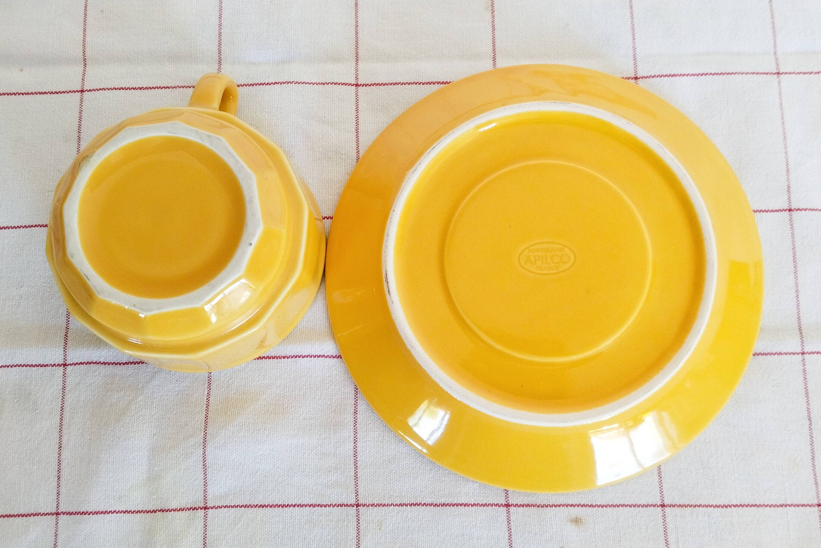 Apilco yellow and white porcelain chocolate cup and saucers