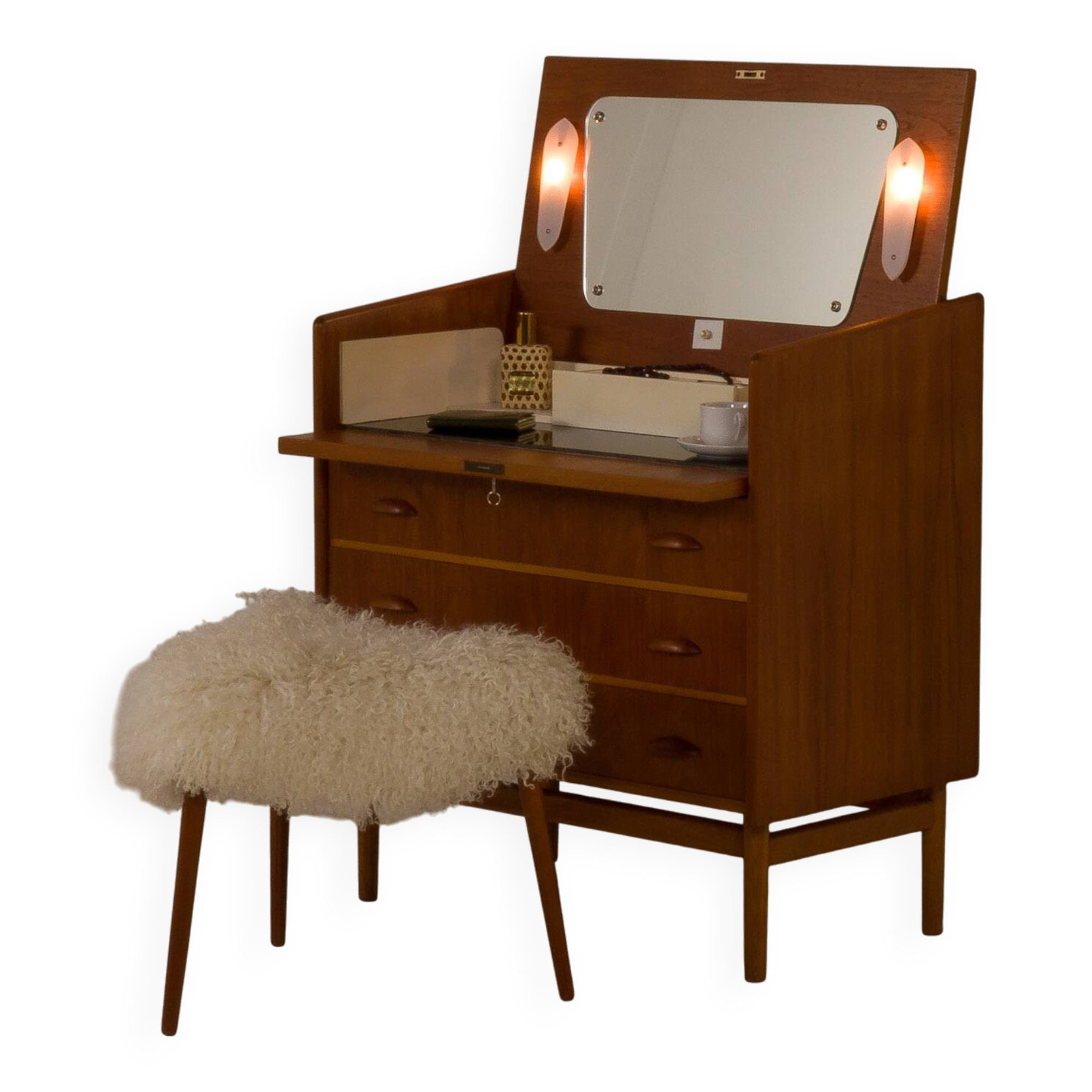 Danish teak dresser with hidden vanity and lights, 1960s