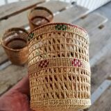 Série de 4 mini cache-pot en paille et fil d'osier tressés