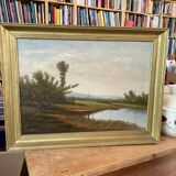 Tableau huile bord de rivière signé EM