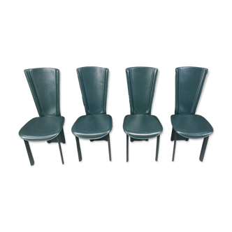 Vintage green leather dining chairs, 1980s - set of 4