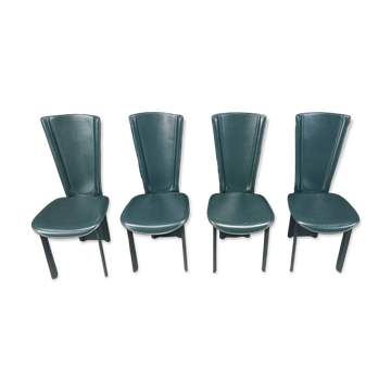 Vintage green leather dining chairs, 1980s - set of 4
