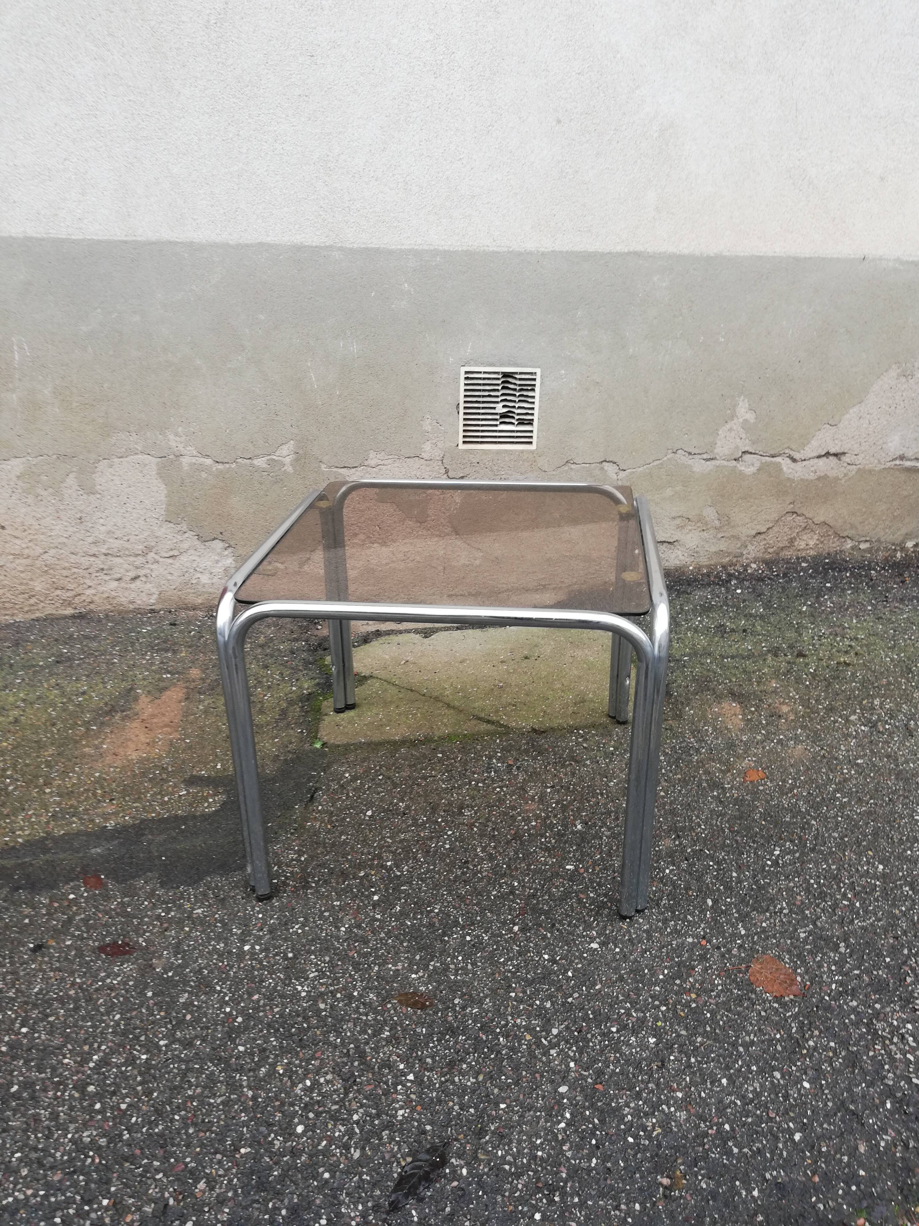 Table basse vintage chrome et verre fumé marron