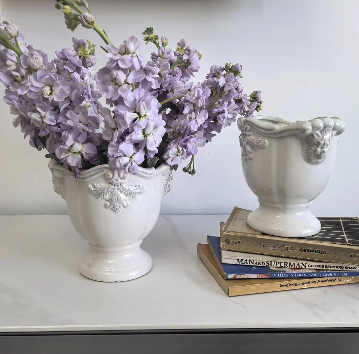 White glazed ceramic urn vase — baroque relief decor — Gustavian / sha