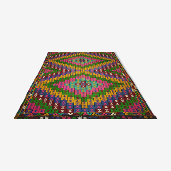 Tapis Kilim 9.2x6.6 pieds 282x201 cm Surface Salon Kilim Rug, Tapis Kilim décoratif turc vintage.