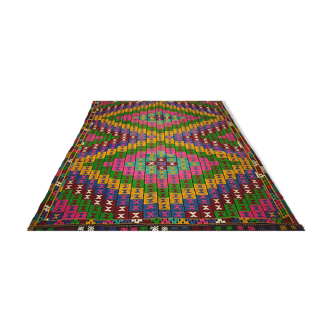 Tapis Kilim 9.2x6.6 pieds 282x201 cm Surface Salon Kilim Rug, Tapis Kilim décoratif turc vintage.