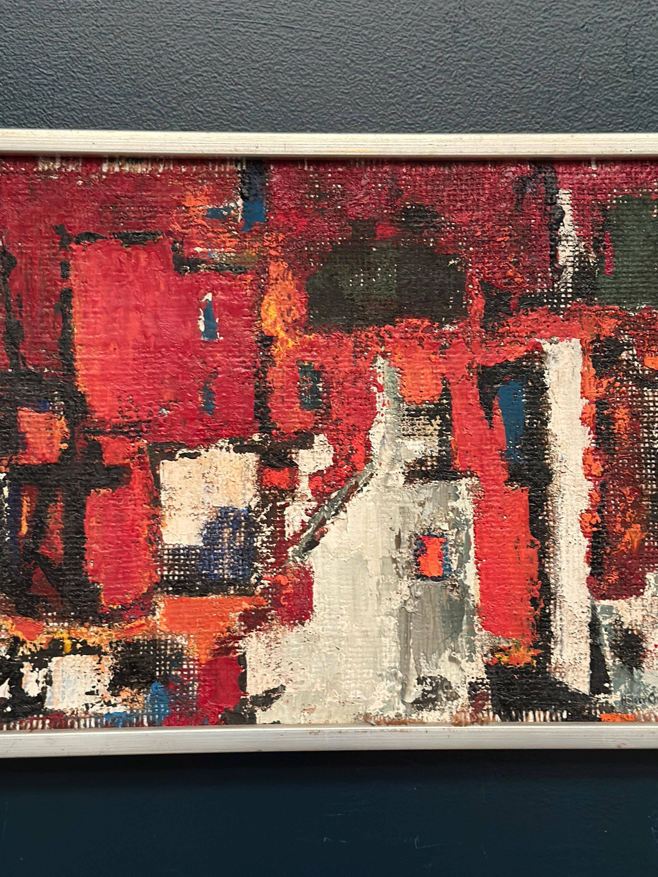 Original Swedish Oil On Canvas – “Cityscape In Red” By Holger Oijens (1907–2004) – Signed – Vintage & Framed