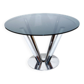 Vintage round dining table by Carlo Bartoli, smoked glass and polished chrome, Italy, 1970s.