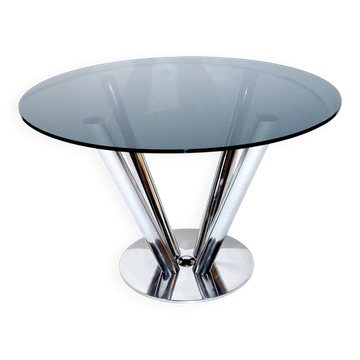 Vintage round dining table by Carlo Bartoli, smoked glass and polished chrome, Italy, 1970s.