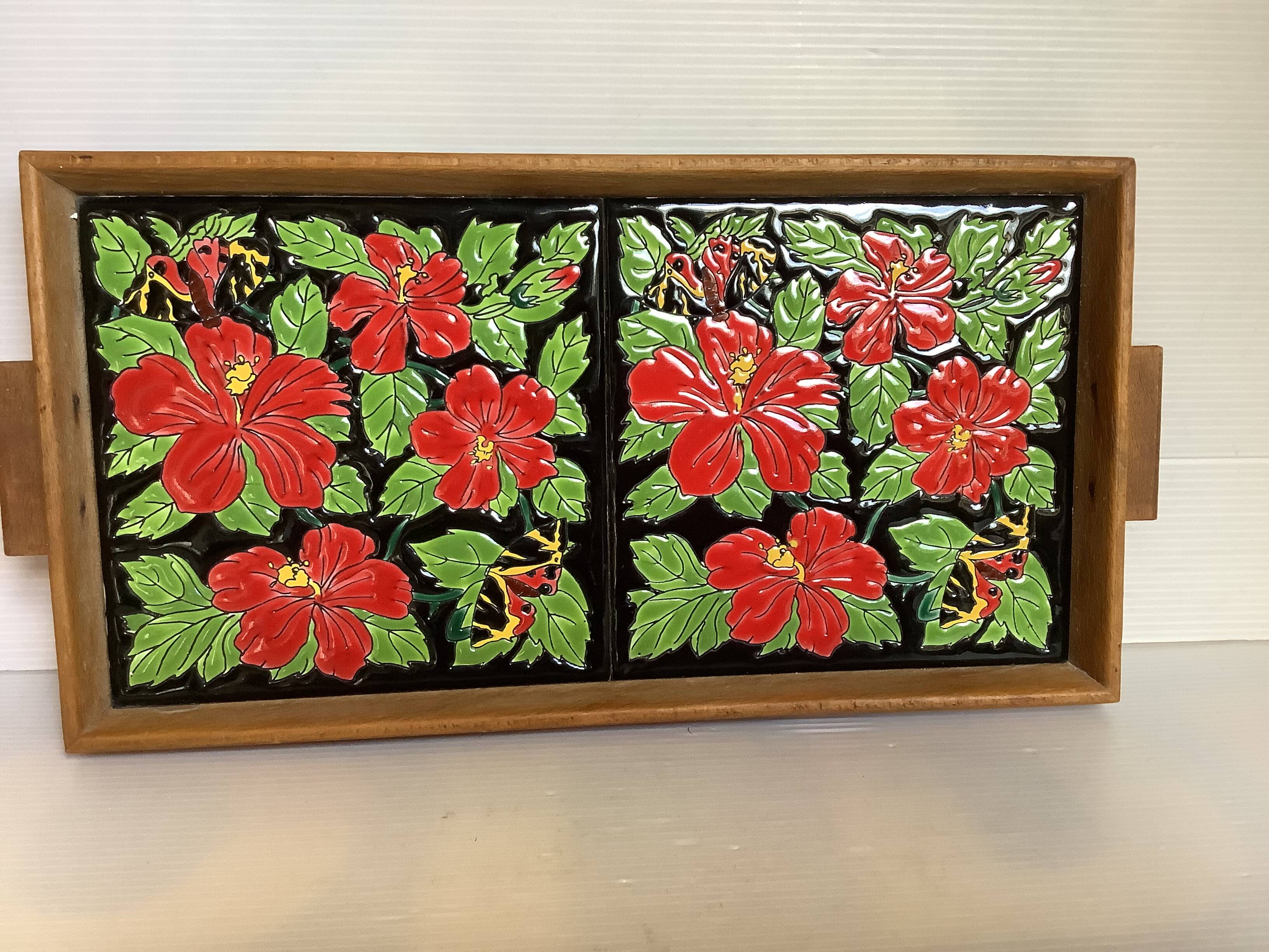 Plateau céramique fleurs hibiscus et papillons