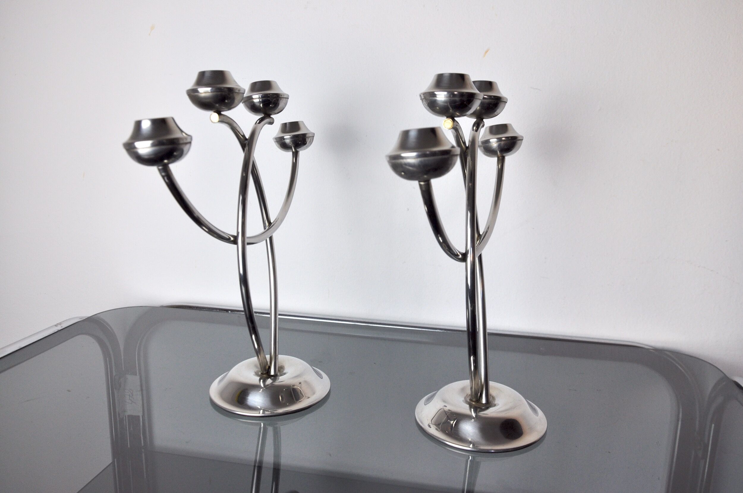 Pair of art deco candle holder in stainless steel 4 flammes, spain, 1970