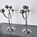 Pair of art deco candle holder in stainless steel 4 flammes, spain, 1970